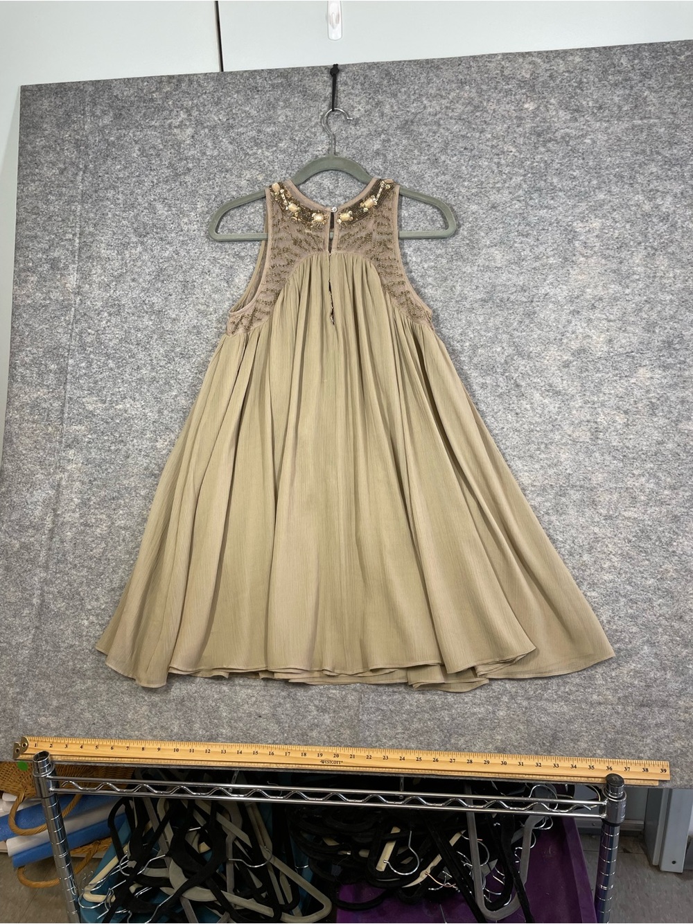 Anthropologie Moulinette Soeurs Beaded Chiffon Dress 6 Taupe Grecian Boho Tunic - Picture 14 of 16